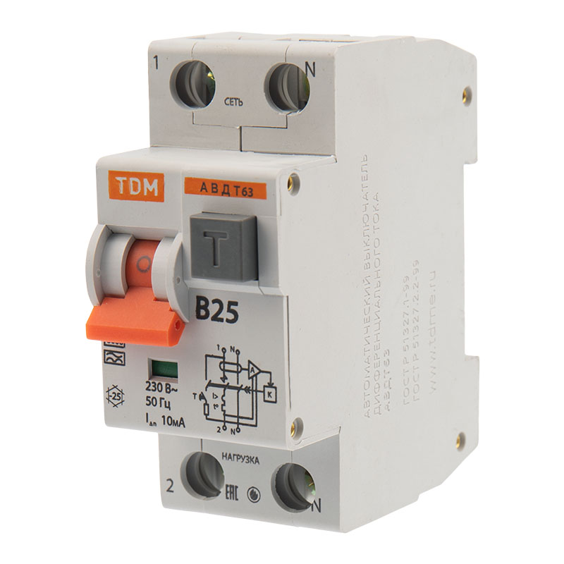 Автоматический выключатель дифференциального тока 2Р 25B 10mА 6kА (тип А) АВДТ63 TDM  в Самаре