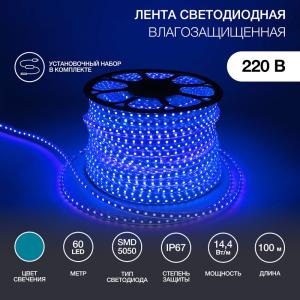 LED лента 220 В, 13х8 мм, IP67, SMD 5050, 60 LED/m, цвет свечения синий  в Москве