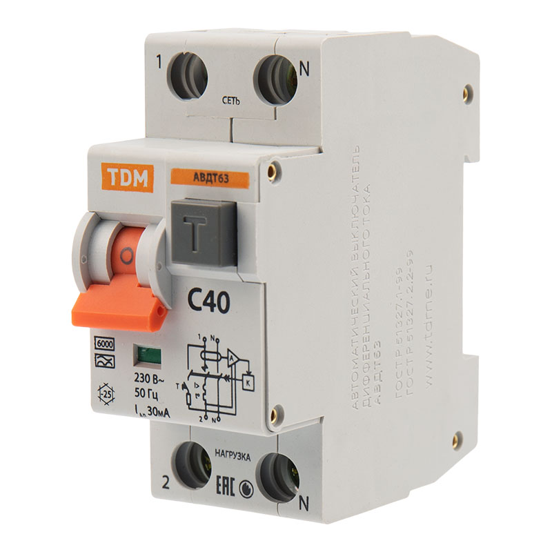 Автоматический выключатель дифференциального тока 2Р 40A 30mА 6kА (тип А) АВДТ63 TDM  в Самаре