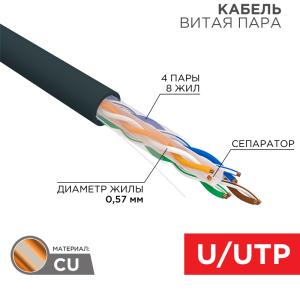 Кабель витая пара U/UTP, CAT 6, PE, 4PR, 23AWG, OUTDOOR, SOLID, черный, 305м REXANT  в Москве