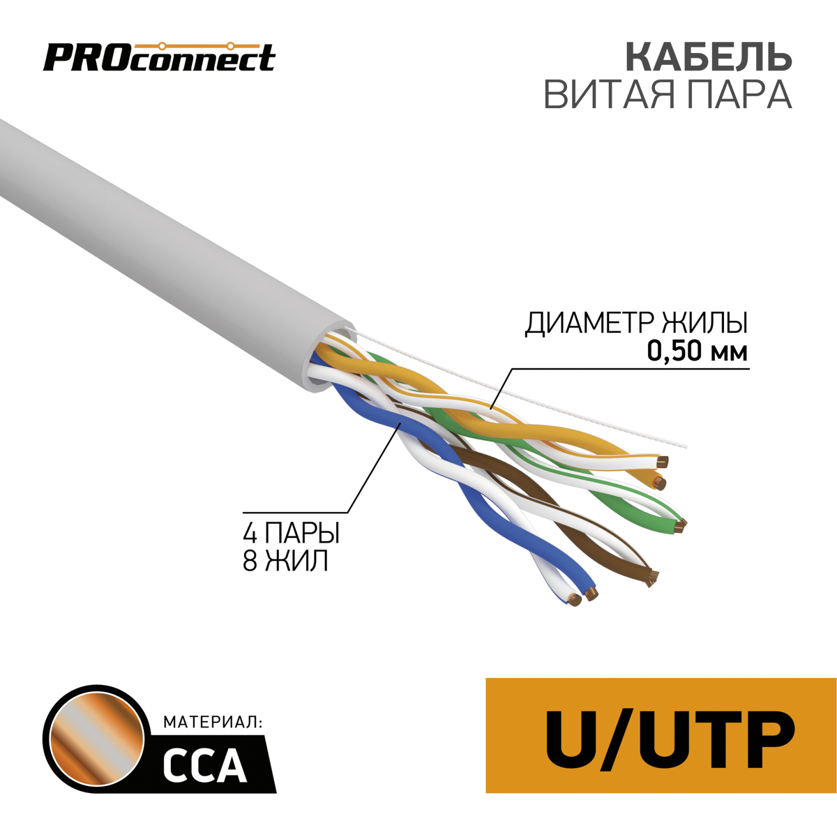 Кабель UTP 4 х 2 х 0,50 мм, CCA, cat 5e, PVC серый, 1 метр  PROCONNECT  в Самаре