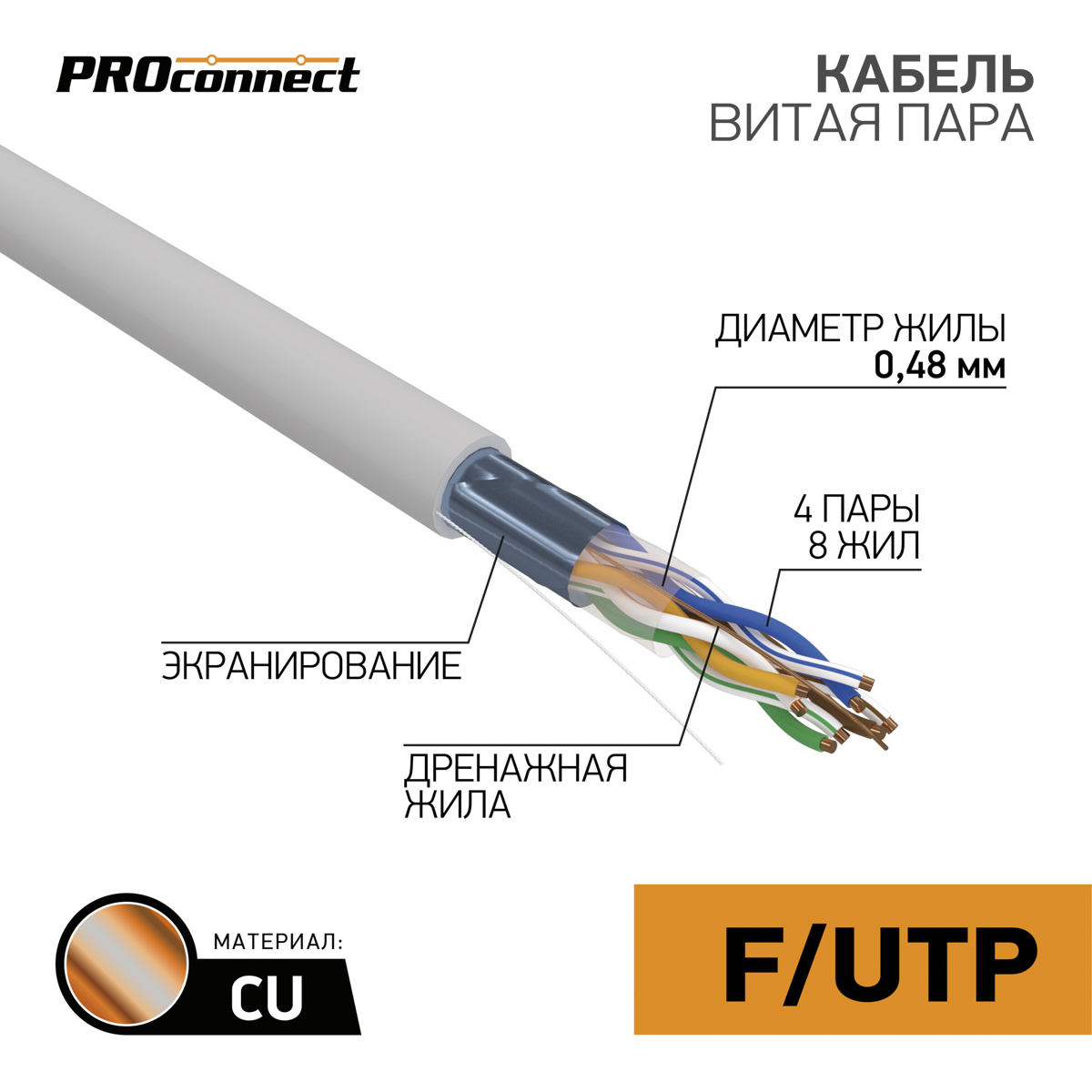 Кабель FTP 4 x 2 x 0,48 мм, cat 5e, 1 м.,  PROCONNECT  в Самаре