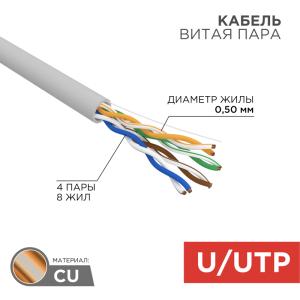 Кабель витая пара U/UTP, CAT 5e, PVC, 4PR, 24AWG, INDOOR, SOLID, серый, 305м, РФ REXANT  в Самаре