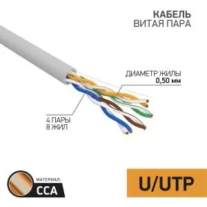 Кабель витая пара омедненный, U/UTP, CAT 5e, PVC, 4PR, 24AWG, INDOOR, SOLID, серый, 25м, PROconnect