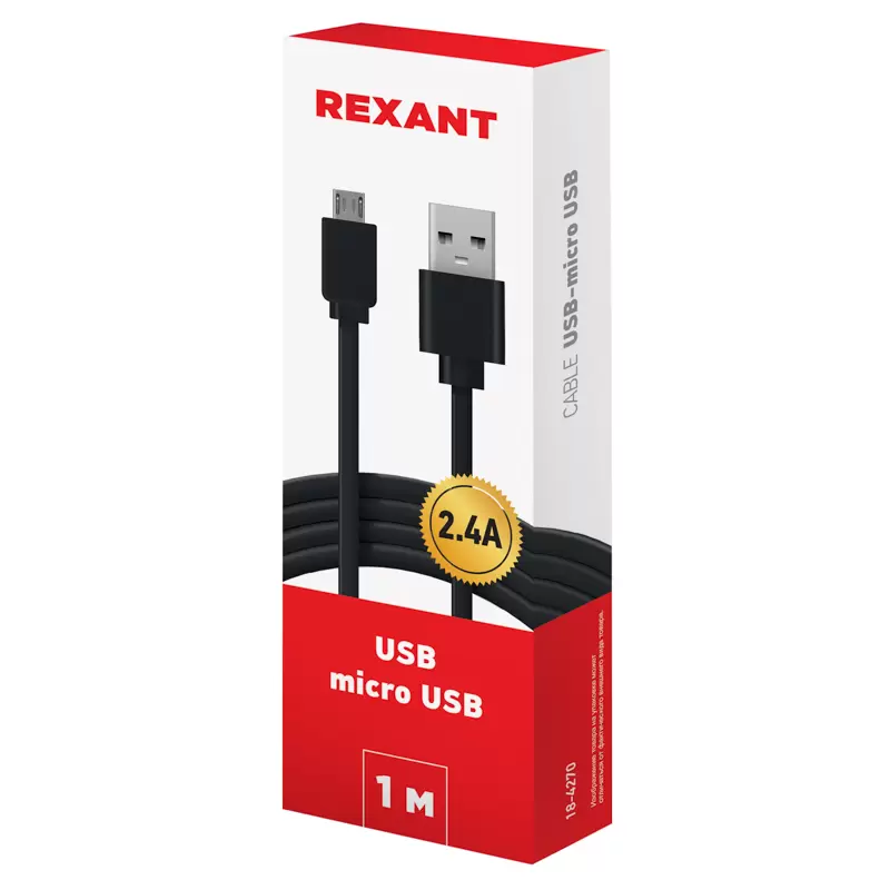 Кабель USB-micro USB/2,4A/PVC/black/1m/REXANT в Самаре