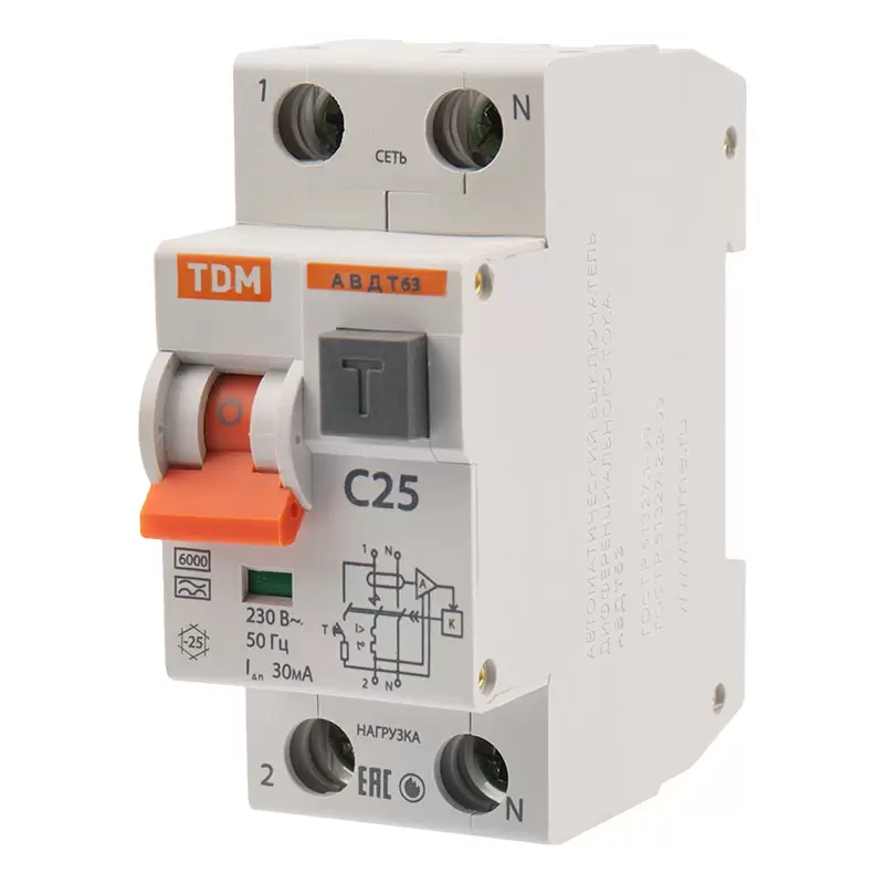 Автоматический выключатель дифференциального тока 2Р 25A 30mА 6kА (тип А) АВДТ63 TDM  в Самаре