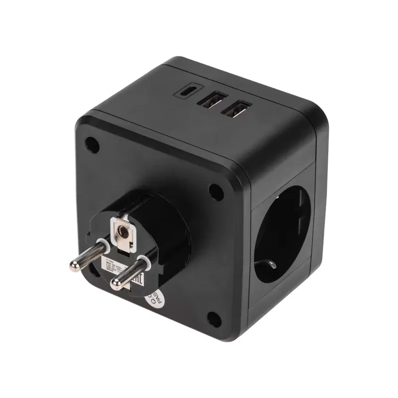 Двойник электрический Куб 16А с заземлением + 2хUSB-A 2,4А + USB Type-C 3А с ночной подсветкой, черный REXANT в Самаре