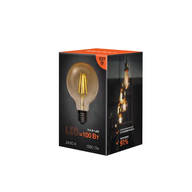 Лампа филаментная LOFT GLOBE A95 11,5Вт 1380Лм 2400K E27 золотистая колба REXANT в Самаре