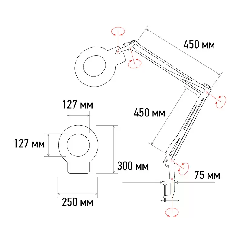 Лупа на струбцине круглая 5D с подсветкой 56 SMD LED, ø127мм, черная REXANT в Самаре