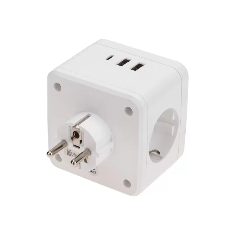 Двойник электрический Куб 16А с заземлением + 2хUSB-A 2,4А + USB Type-C 3А с ночной подсветкой, белый REXANT в Самаре