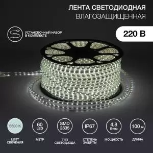 Лента светодиодная 220В, SMD2835, 60 LED/м, Холодный белый, 10х7мм, 100м, с кабелем питания, IP67 NEON-NIGHT  в Самаре