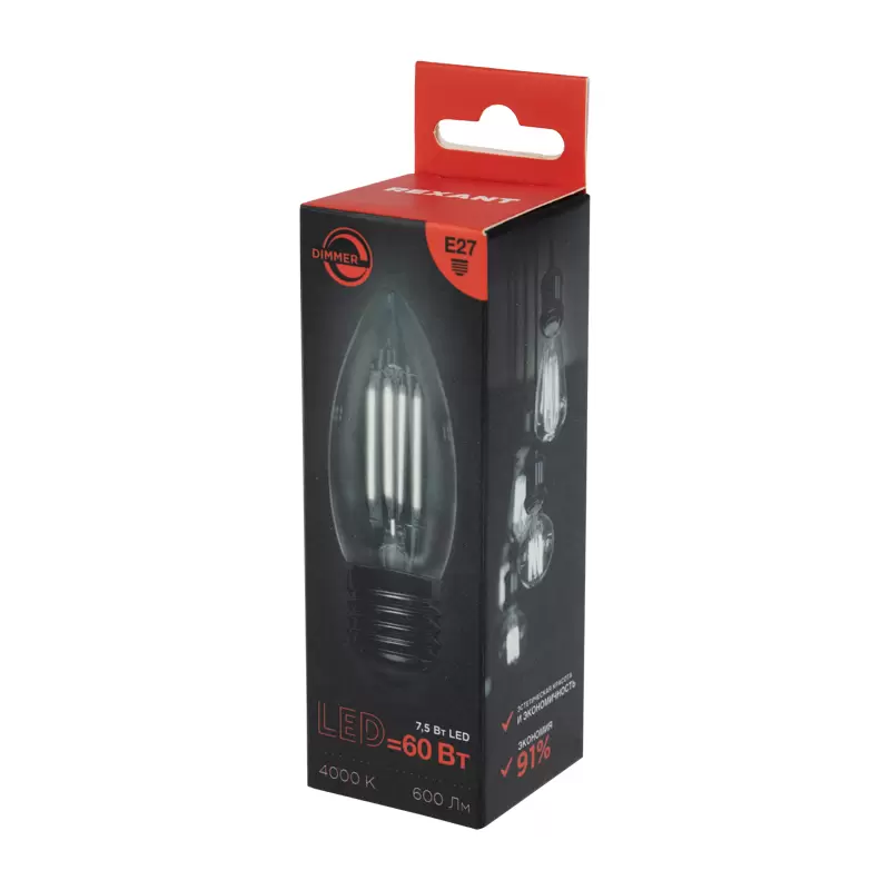 Лампа филаментная Свеча CN35 7,5Вт 600Лм 4000K E27 диммируемая, прозрачная колба REXANT в Самаре