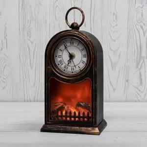 Светодиодный камин Старинные часы с эффектом живого огня 14,7x11,7x25 см, бронза, батарейки 2хС (не в комплекте) USB NEON-NIGHT