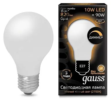 Лампа Gauss LED Filament A60 OPAL диммируемая E27 10W 2700К